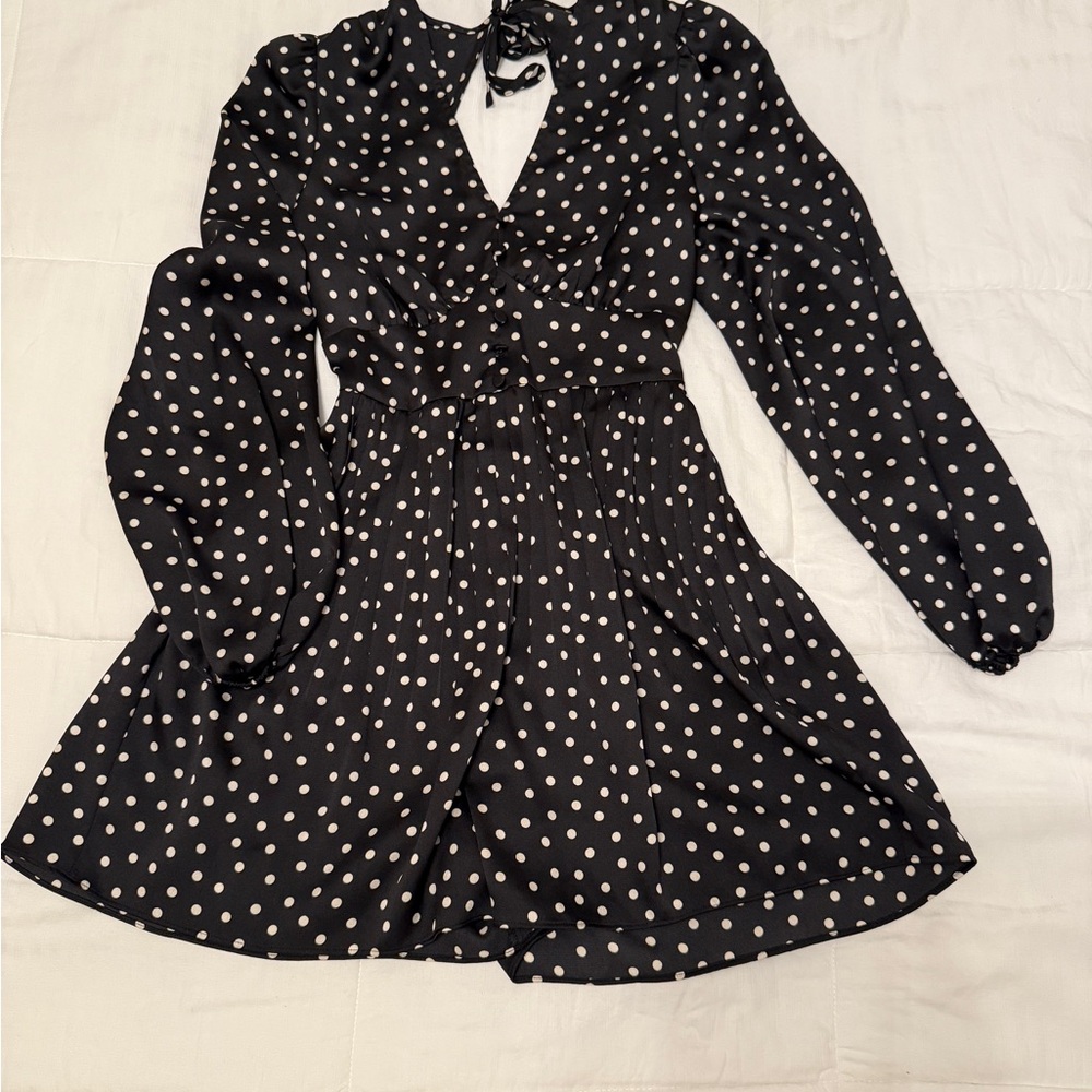 Express Black and White V-Neck Romper with Bishop Sleeves